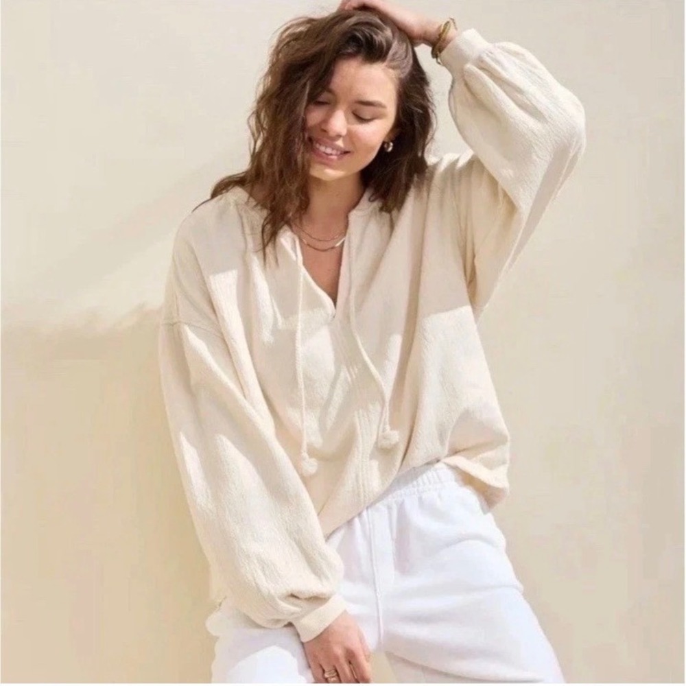 Aerie Boho Easy Street Oversized Terry Tassel Sweatshirt Womens M Cream Boho